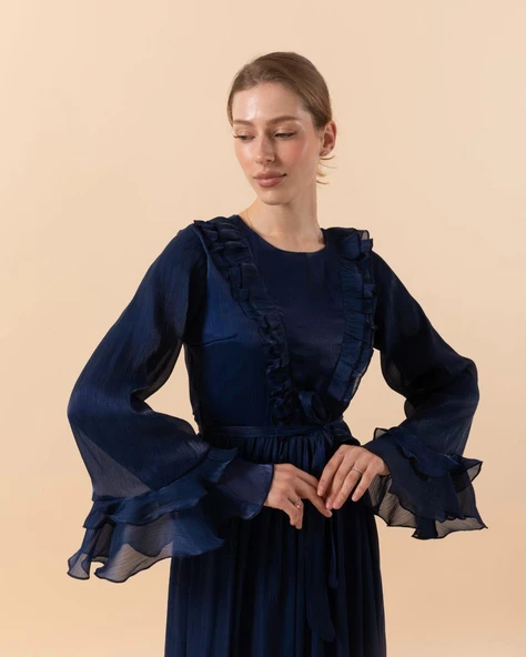 3059 STİLİFE KOL VOLAN ABİYE ELBİSE - Resim 10