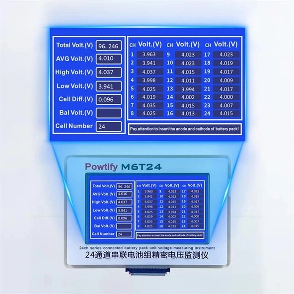 Powtify M6T24 24S Kanallı Yüksek Hassasiyetli Lityum Batarya Gerçek Zamanlı Voltaj Analizörü - Resim 2