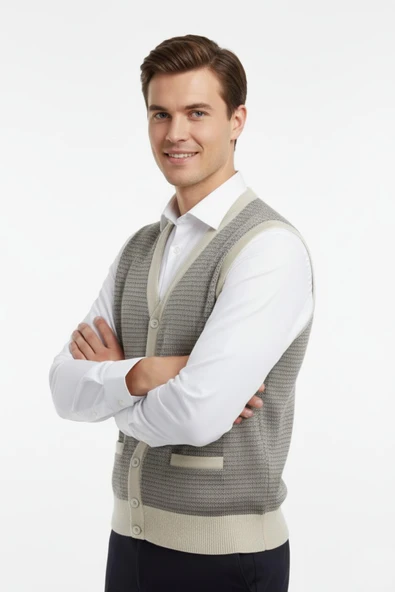 Erkek Düğmeli Yelek Cepli Çelik Örgü Klasik Kalıp BGL-ST04835 - Resim 5