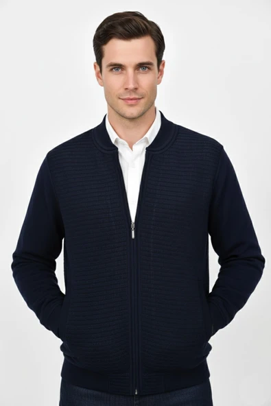 Erkek Hakim Yaka Astarlı Triko Fermuarlı Mont BGL-ST04831 - Resim 3