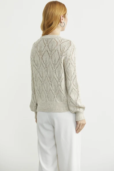 Delikli V Yaka Pullu Triko Kazak - Taş - Resim 6