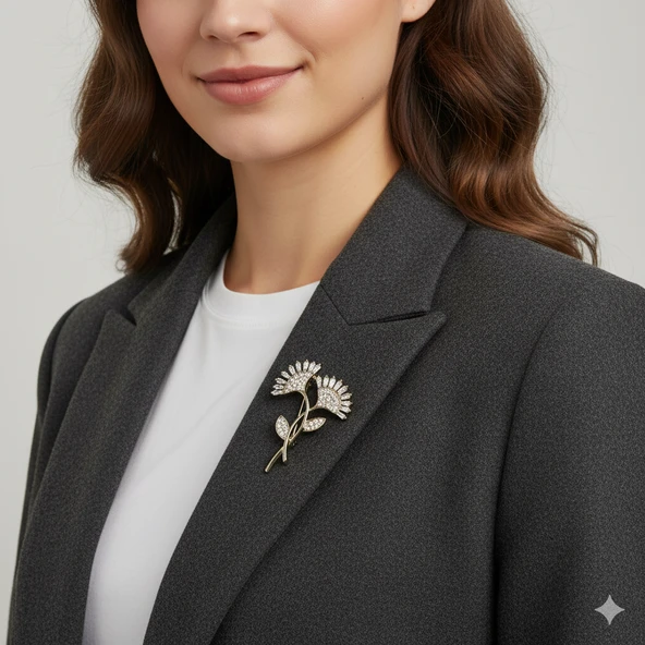 Kristal Taşlı Aşk Çiçekleri Yaka İğnesi - Resim 2