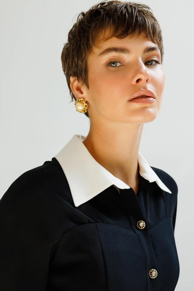 6070 MODAİLGİ ŞİFON KUMAŞ MİX DETAYLI DÜĞME ELBİSE - Resim 9