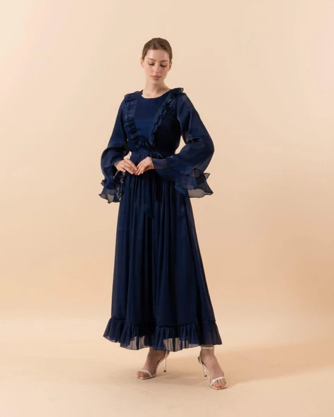 3059 STİLİFE KOL VOLAN ABİYE ELBİSE - Resim 3