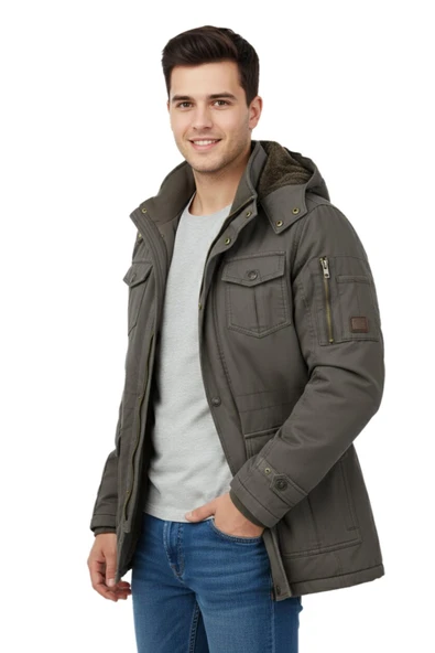 Erkek Spor Kanvas Kapüşonlu Parka M2665 BGL-ST04959 - Resim 12