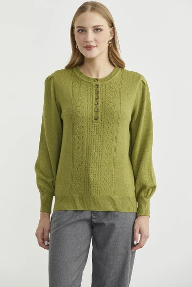 Yarım Düğmeli Yuvarlak Yaka Triko Kazak - Yeşil ürün görseli