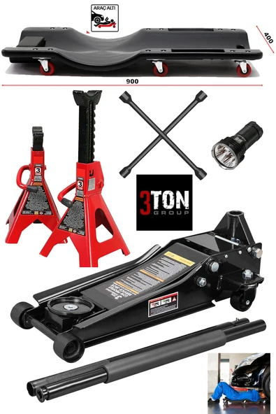 Oto Tamirci Garaj Bakım Seti 3Ton Düşük Profil Kriko + Tamirci Kızağı + 3Ton Sehpa Kriko + Bijon - Resim 2