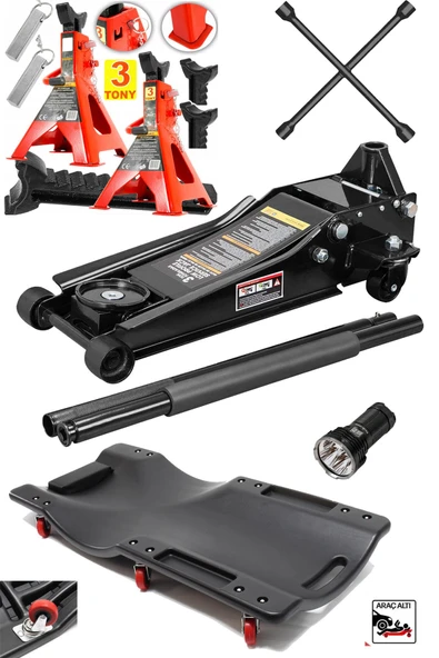 Profesyonel Oto Tamirci Garaj Seti: 4'lü Bijon Anahtarı - 3Ton Düşük Şase Tamirci Kriko - 3Ton Sehpa - Resim 2