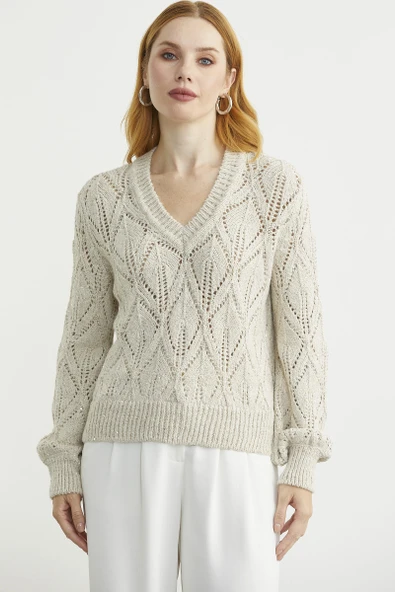 Delikli V Yaka Pullu Triko Kazak - Taş - Resim 2