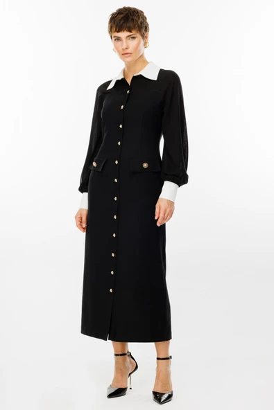 6070 MODAİLGİ ŞİFON KUMAŞ MİX DETAYLI DÜĞME ELBİSE - Resim 3