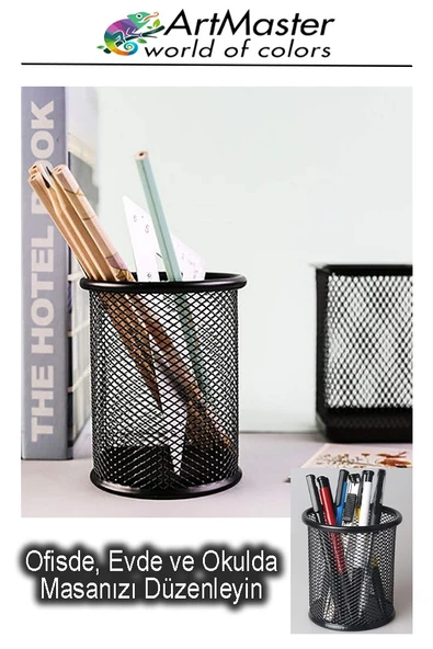 Masaüstü Siyah Fileli Kalemlik Seti 3 Lü 1 Paket Kalemlik Küp Notluk Ataşlık Masa Üstü Düzenleyici Ofis Büro - Resim 2