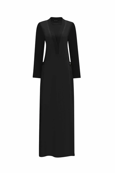 T25Y-4076 MISSDALIDA V YAKA TRİKO ASTARLI KETEN ELBİSE - Resim 6