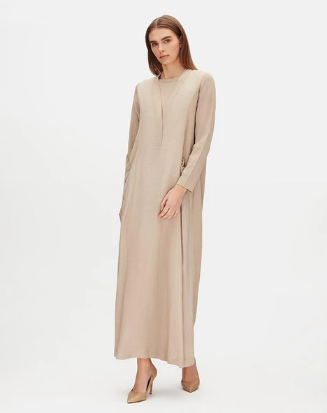 T25Y-4076 MISSDALIDA V YAKA TRİKO ASTARLI KETEN ELBİSE - Resim 10