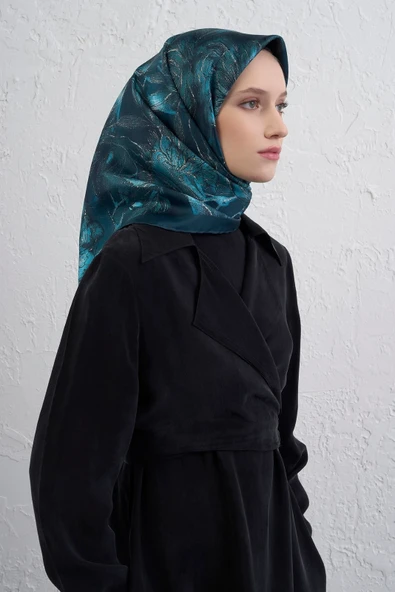 Çiçek Desenli Twill İpek Eşarp -2025/2026 -9409D - Resim 2