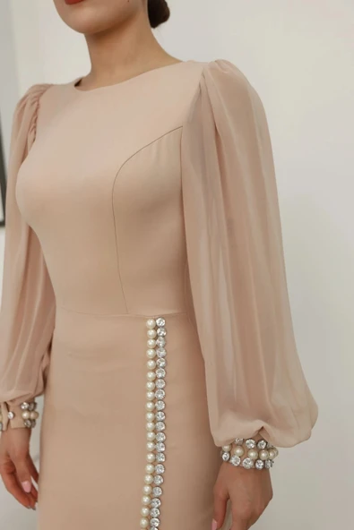 İnci ve Taş Süslemeli Balon Kol Abiye Elbise 2244-Camel - Resim 5