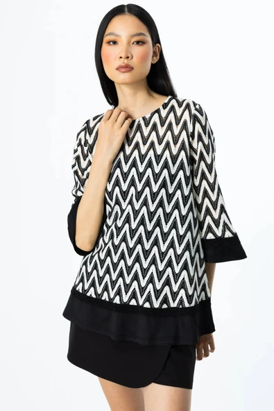 51464 ONTEKS ZİGZAK DESENLİ KOLLARI VE ETEK UCU SİYAH DETAYLI TUNİK - Resim 6