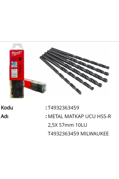 Metal Matkap Ucu Hss-r 2,5x 57mm 10lu T4932363459 ürün görseli