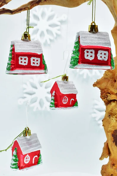 Waldern Premium Collection 4lü Beyaz Çatılı Ev Süs Yılbaşı Süsü - Resim 3