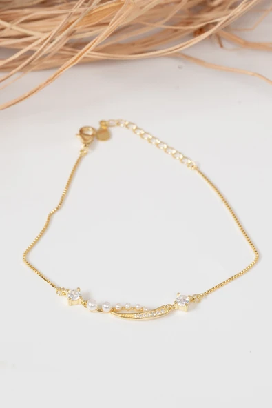 925 ayar gümüş altın yaldızlı inci ve zirkon taşlı parıltı seli gümüş bileklik SGTL13060GOLD - Resim 4