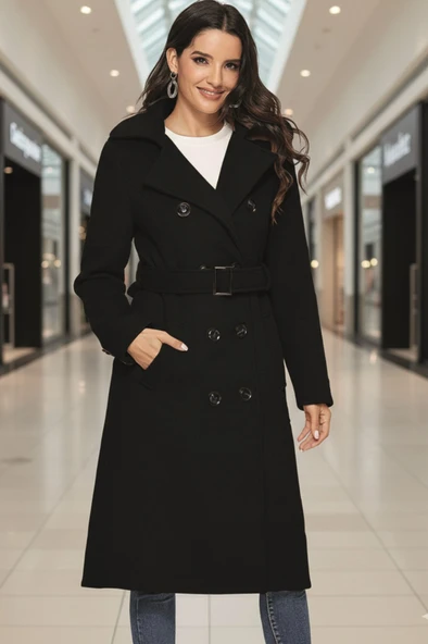 Aksesuarlı Kaşe Kaban Kemer Detaylı ürün görseli 1