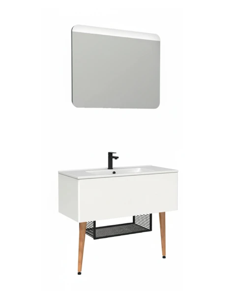 Zeon 100 Cm Lavabo Dolabı Beyaz ve Led Ayna ürün görseli