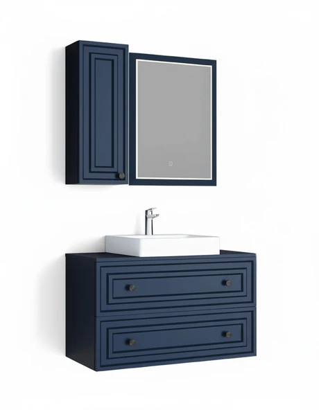 Perge 100 Cm Lavabo Dolabı Mat Safir Blue Led Ayna ve Ayna Yan Dolap Seti ürün görseli