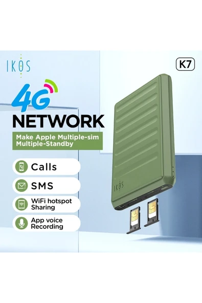 Tekn0jet iKos K7 Çift SIM 4G Adaptör - iPhone Uyumlu, Çağrı/SMS/WiFi Hotspot/Ses Kayıt ürün görseli