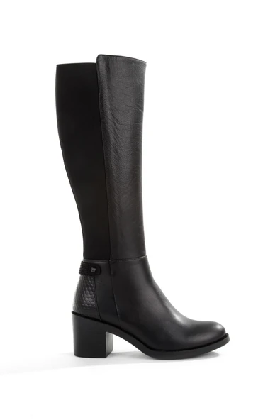 Siyah Hakiki Deri Lastikli Kalın Topuk Kadın Çizme Bicheno - Resim 4