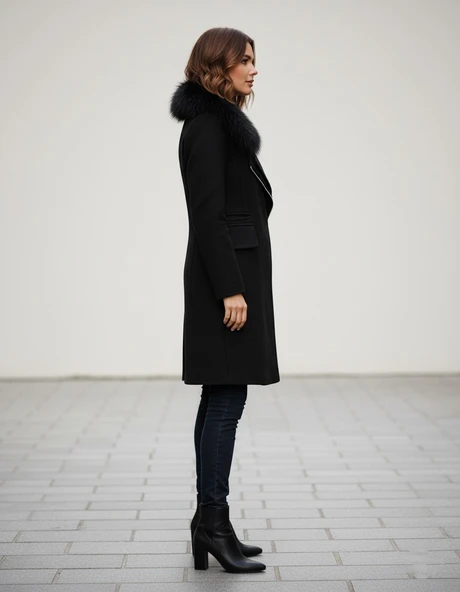 Kadın Kaşe Kışlık Kürklü Siyah Kaban - Resim 3