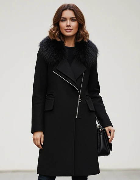 Kadın Kaşe Kışlık Kürklü Siyah Kaban ürün görseli 1