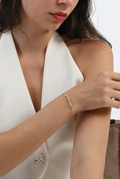 925 ayar gümüş altın yaldızlı inci ve zirkon taşlı parıltı seli gümüş bileklik SGTL13060GOLD - Resim 3