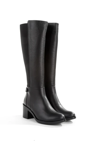 Siyah Hakiki Deri Lastikli Kalın Topuk Kadın Çizme Bicheno - Resim 5