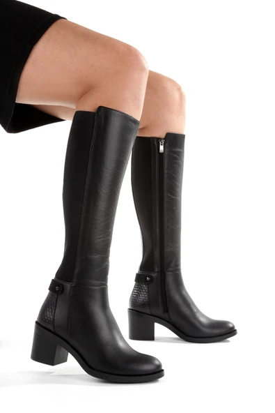 Siyah Hakiki Deri Lastikli Kalın Topuk Kadın Çizme Bicheno - Resim 3