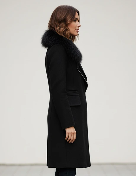 Kadın Kaşe Kışlık Kürklü Siyah Kaban - Resim 2