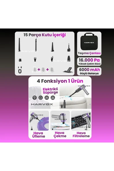ST Harvox 16.000Pa Ultra Güçlü 9 Başlık Yıkanabilir Filtre 6.000mAh Batarya Şarjlı Araç Süpürge - Resim 2