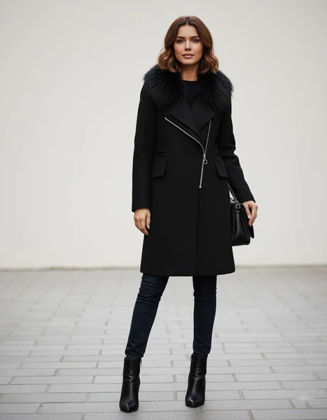 Kadın Kaşe Kışlık Kürklü Siyah Kaban - Resim 2