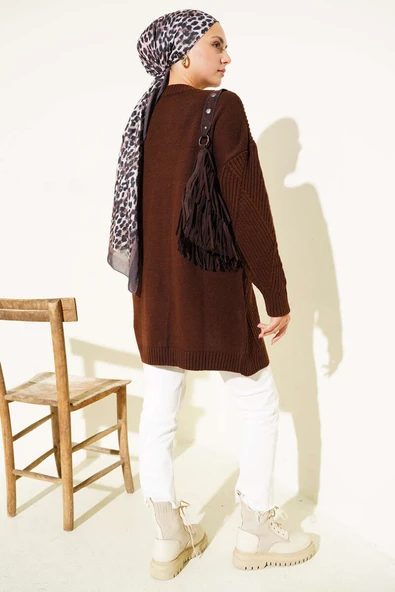 Çizgi Baklava Desen Triko Tunik Kahve - Resim 3