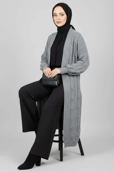 Örgü Kabartma Desenli Uzun Triko Hırka Gri ürün görseli