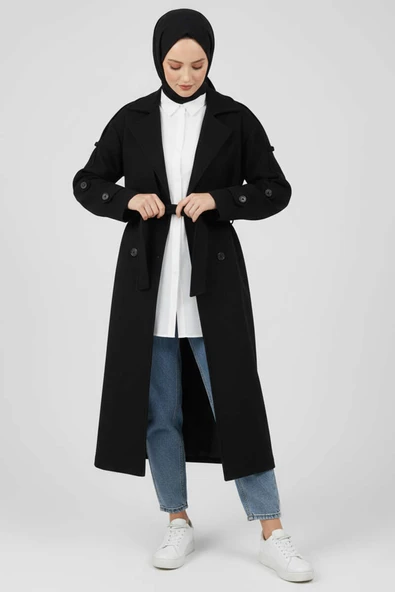 Kuşaklı Düğme Detaylı Kaşe Kaban Siyah ürün görseli 1
