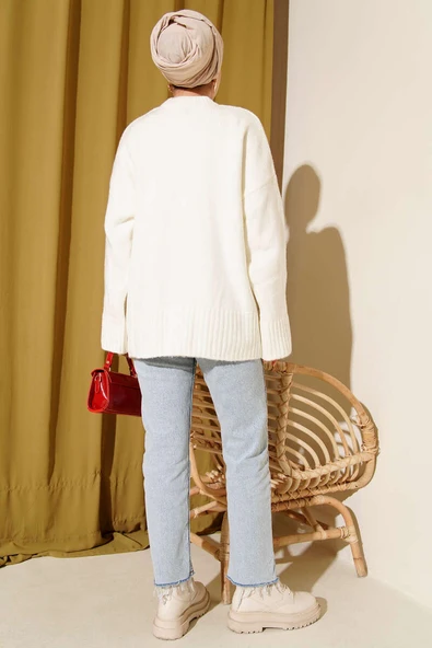 Basic Oversize Triko Tunik Ekru - Resim 3