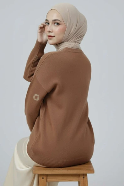 Kalp Nakışlı Triko Kazak Vizon - Resim 3