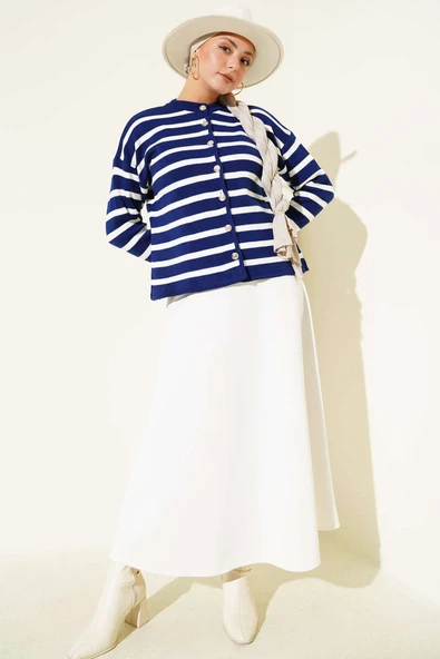 Çizgili Düğme Detaylı Kısa Triko Hırka Lacivert - Resim 2