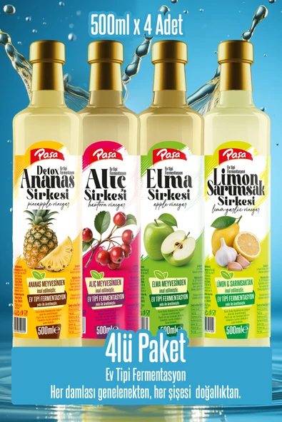 Paşa Premium 4’lü Sirke Seti – Detoks Ananas, Elma, Alıç ve Limon Sarımsak Sirkesi ürün görseli