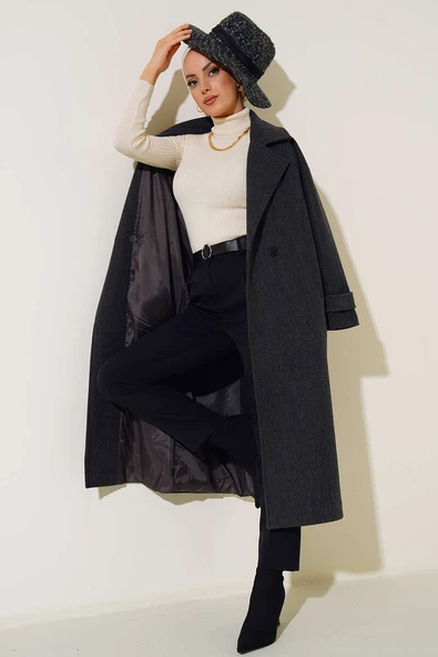 Kruvaze Yaka Uzun Kaşe Kaban Antrasit ürün görseli 1