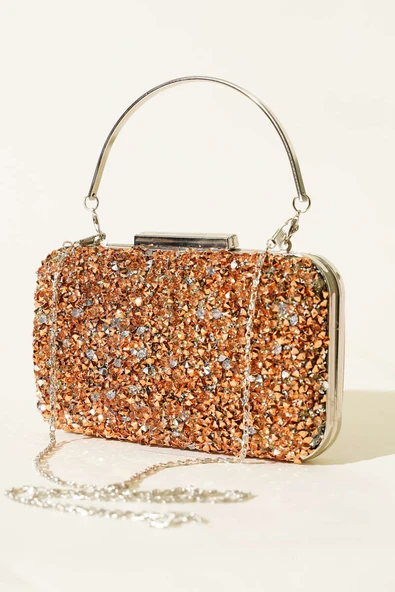 Dikdörtgen Taşlı Kulplu Abiye Çanta Bakır ürün görseli 1