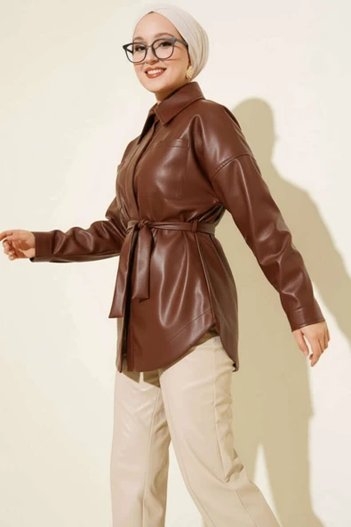 Gömlek Yaka İp Kuşaklı Deri Ceket Kahve ürün görseli