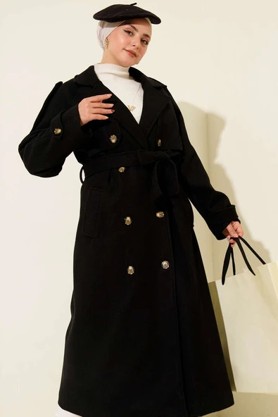 Omuz Apoletli Düğme Detaylı Kaşe Kaban Siyah - Resim 2