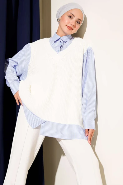 Gömlek Yaka Çizgili Triko Tunik Ekru ürün görseli