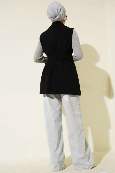 Sıfır Kol Kuşaklı Kaşe Yelek Siyah - Resim 3