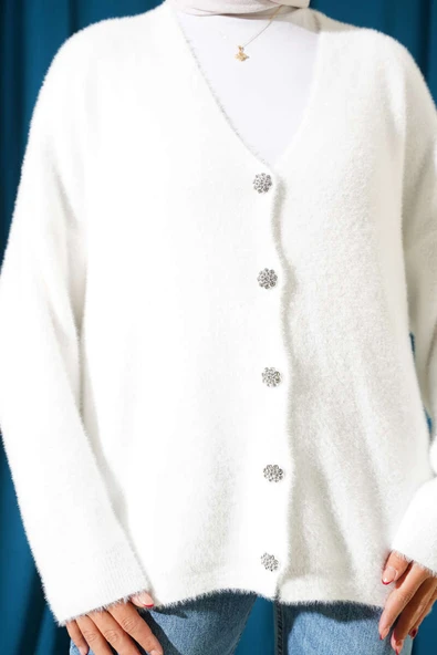 Sakallı Düğmeli Hırka Ekru - Resim 4